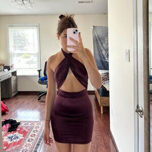 Burgundy satin bodycon mini dress